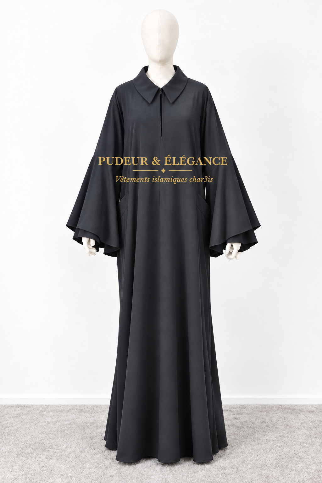 Abaya doubles manches à zip allaitement et col chemise